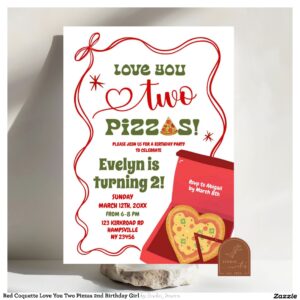 Red Coquette Love You Two Pizzas 2nd Birthday Girl Invitation