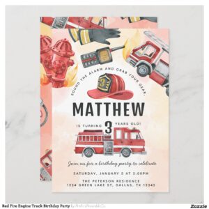 Red Fire Engine Truck Birthday Party Invitation