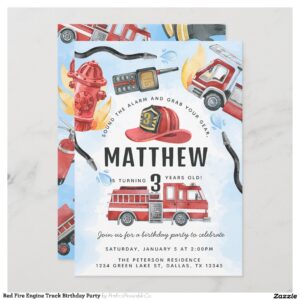 Red Fire Engine Truck Birthday Party Invitation