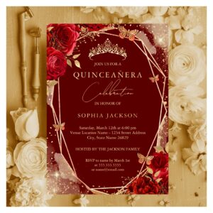 Red Floral Rose Gold Tiara Quinceanera Foil Invita Foil Invitation