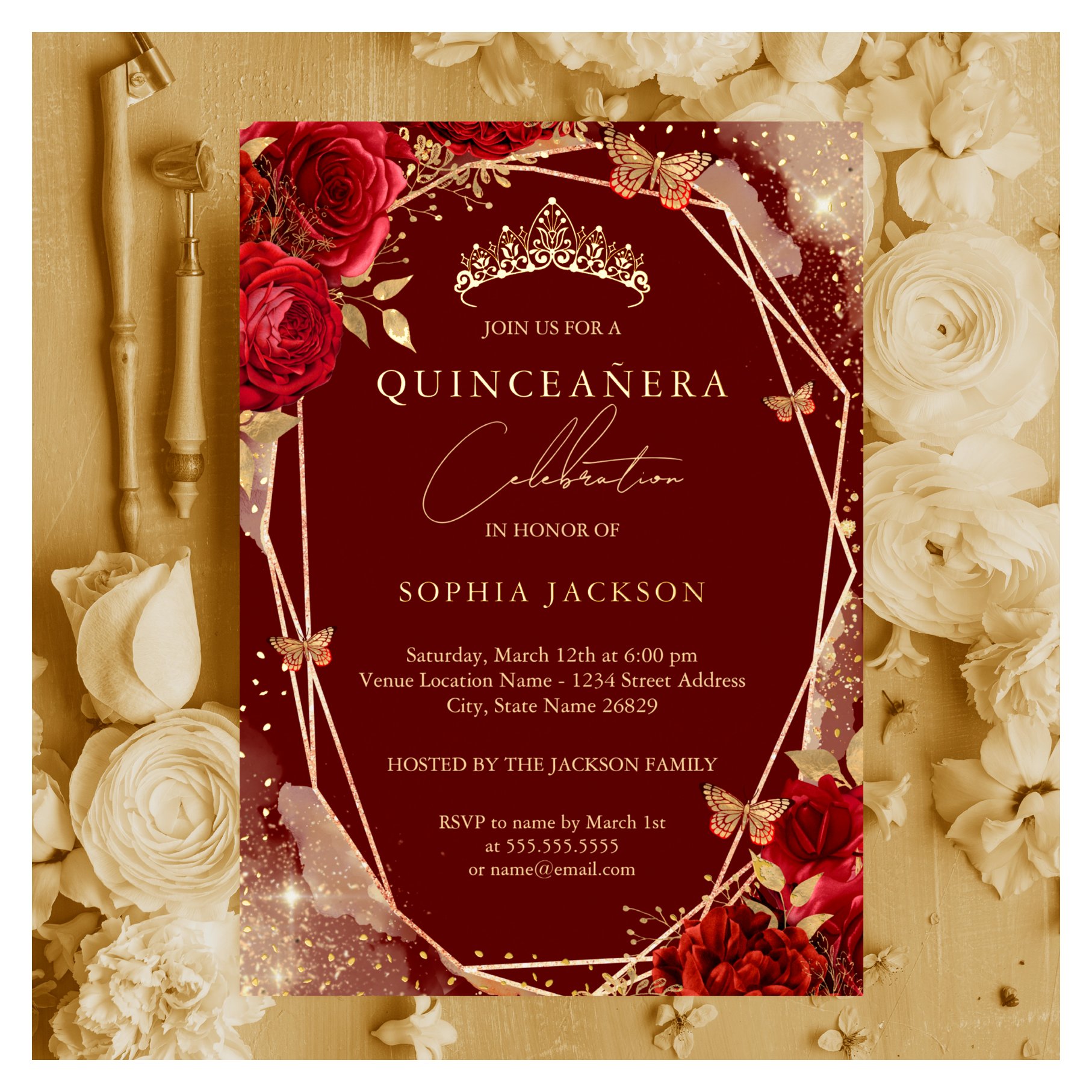 Red Floral Rose Gold Tiara Quinceanera Foil Invita Foil Invitation