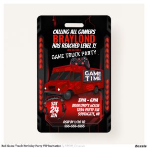 Red Game Truck Birthday Party VIP Invitation Badge