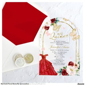 Red Gold Floral Butterfly Quincea?era Acrylic Invitations
