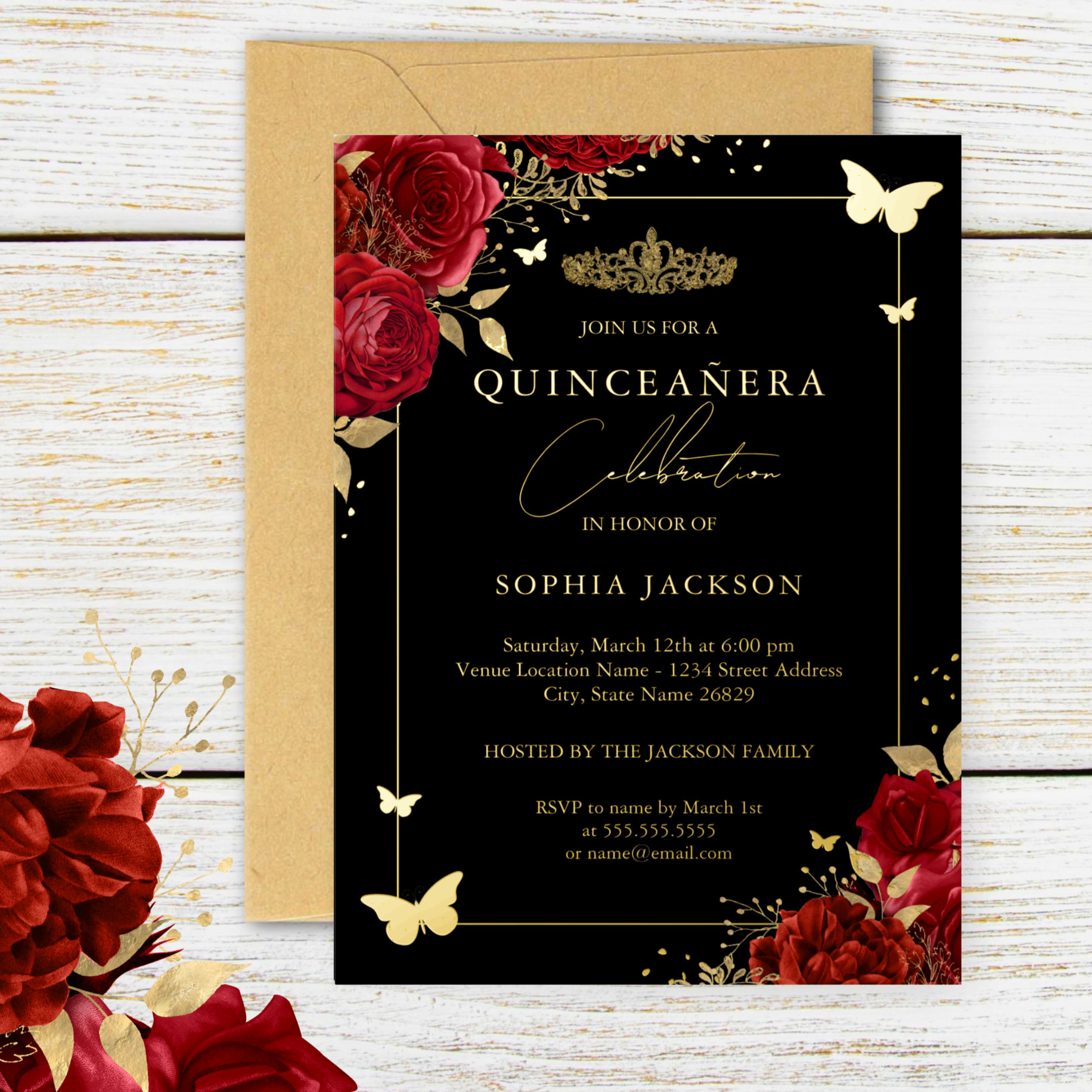 Red Gold Floral Butterfly Tiara Quinceanera Foil Invitation