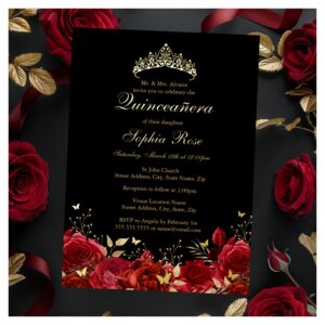 Red Gold Floral Butterfly Tiara Quinceanera Foil Invitation