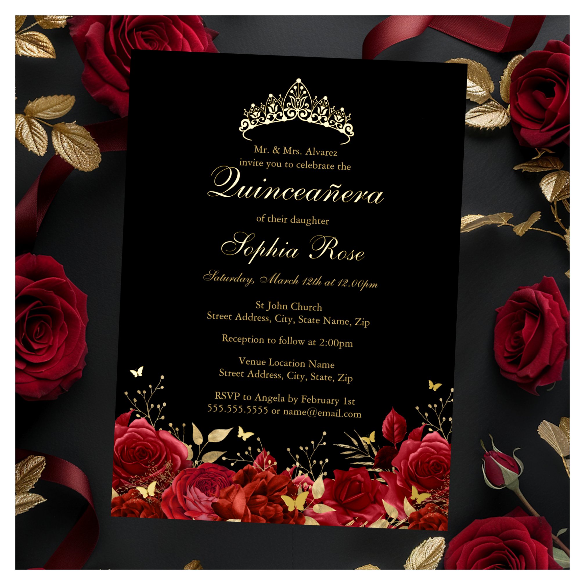 Red Gold Floral Butterfly Tiara Quinceanera Foil Invitation