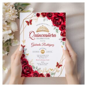 Red Gold Floral Quinceanera Invitation