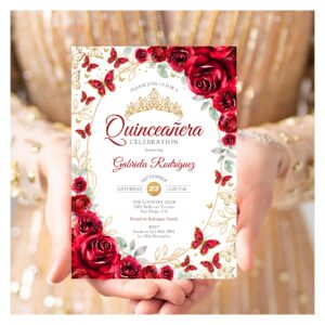 Red Gold Floral Quinceanera Invitation