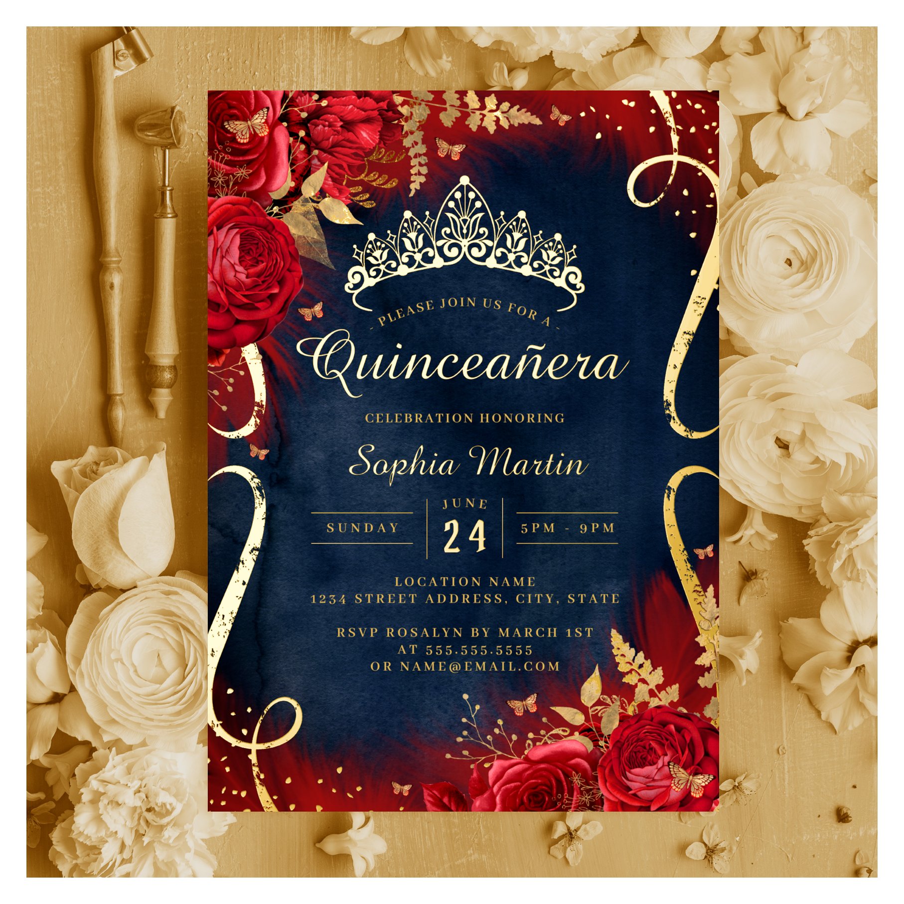 Red Gold Floral Scroll Navy Quinceanera Foil Invitation