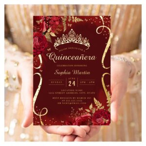 Red Gold Floral Scroll Quinceanera Foil Invitation