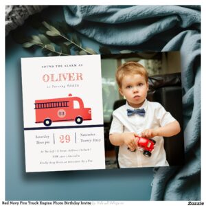 Red Navy Fire Truck Engine Photo Birthday Invite