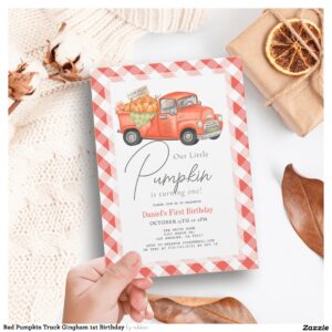 Red Pumpkin Truck Gingham 1st Birthday Invitation