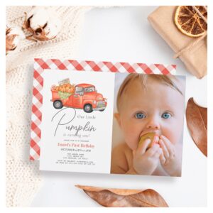 Red Pumpkin Truck Gingham Photo 1st Birthday Invitation