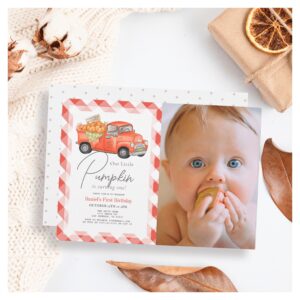 Red Pumpkin Truck Gingham Photo 1st Birthday Invitation