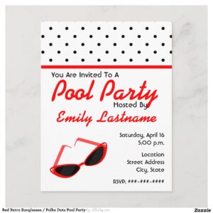 Red Retro Sunglasses / Polka Dots Pool Party Invitation