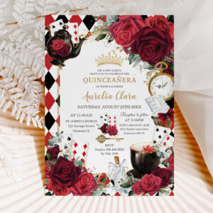 Red Roses Floral Alice in Wonderland Quincea?era Invitation
