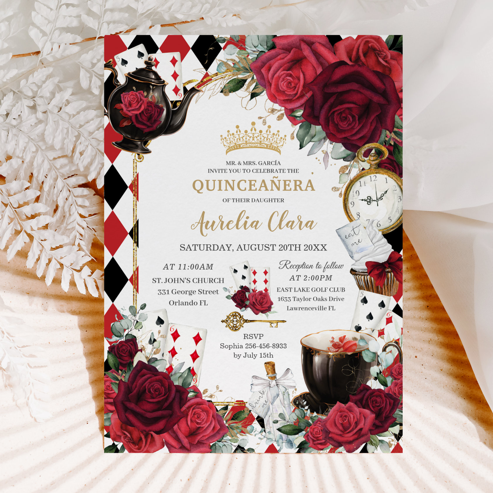 Red Roses Floral Alice in Wonderland Quincea?era Invitation