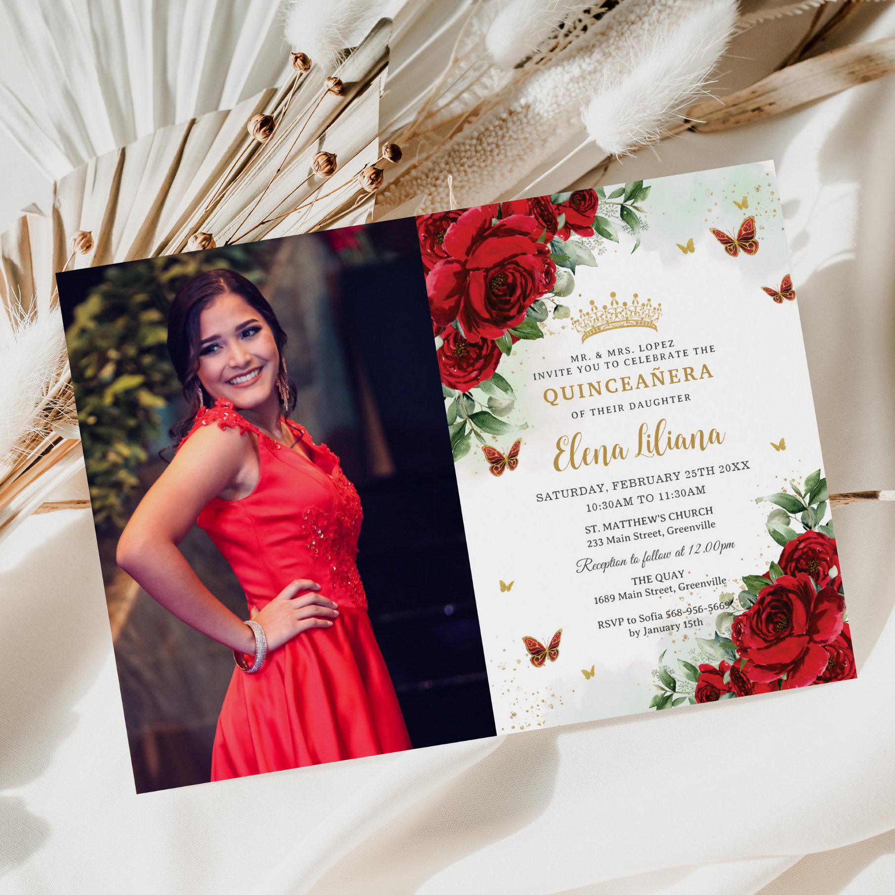 Red Roses Floral Butterflies Quincea?era Sweet 16 Invitation