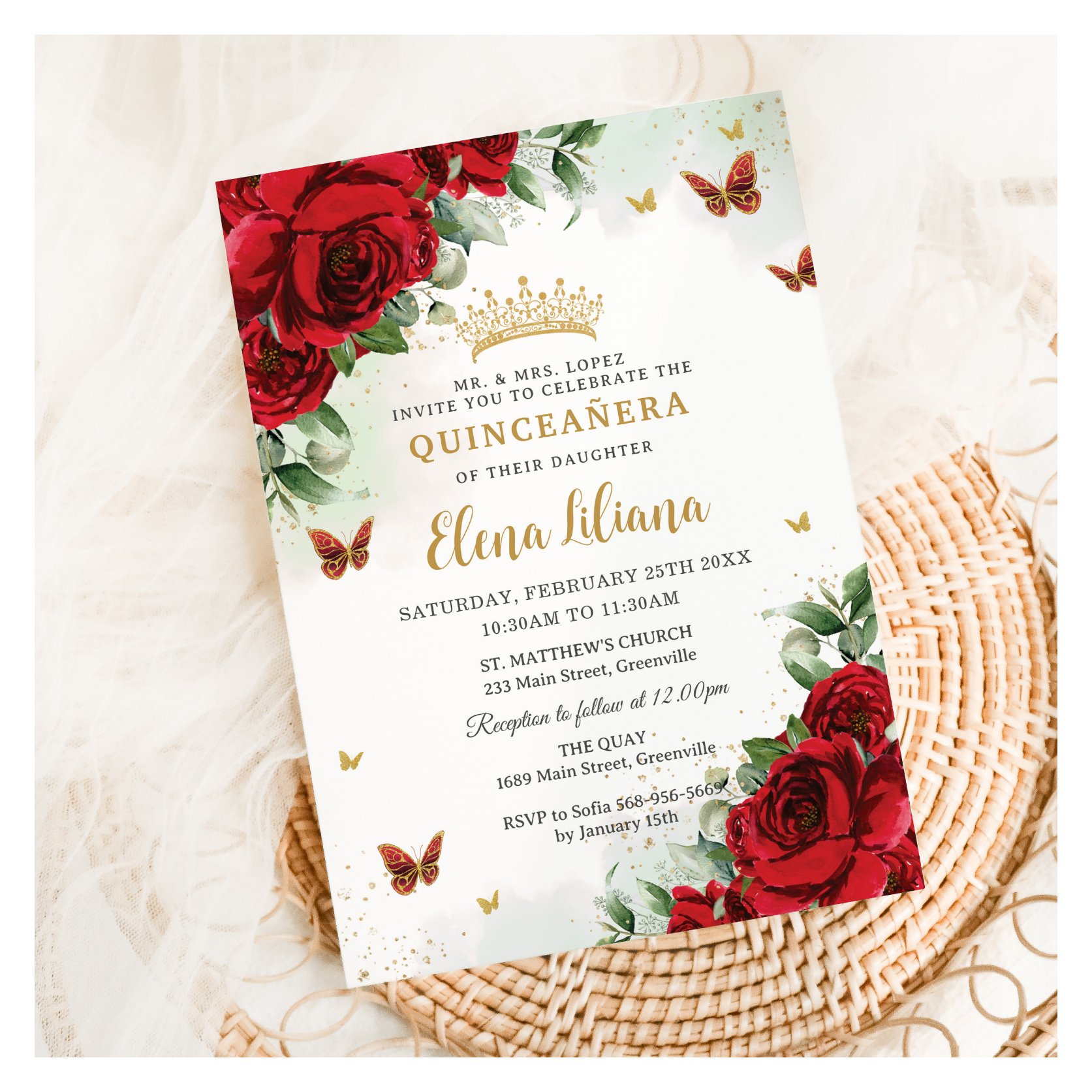 Red Roses Floral Butterflies Quincea?era Sweet 16 Invitation