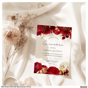 Red Roses Gold leaf Quinceanera Party Invitation