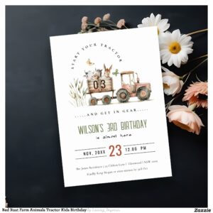 Red Rust Farm Animals Tractor Kids Birthday Invitation