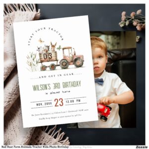 Red Rust Farm Animals Tractor Kids Photo Birthday Invitation