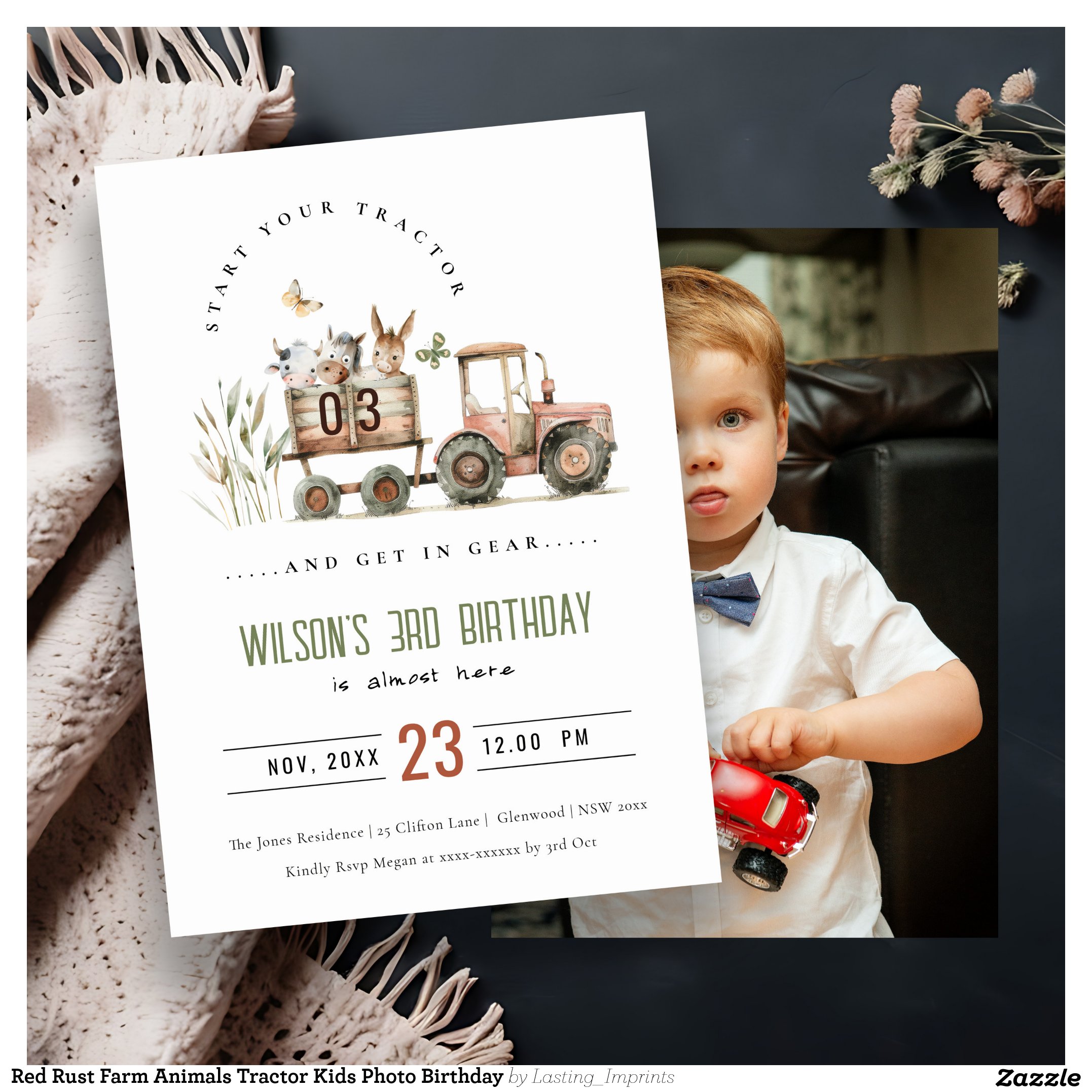 Red Rust Farm Animals Tractor Kids Photo Birthday Invitation