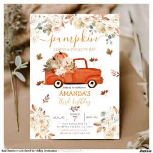 Red Rustic truck third birthday Invitation
