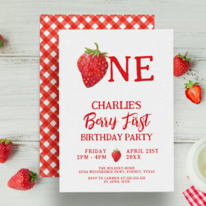 Red Strawberries Summer Berry First Birthday Invitation