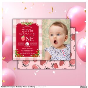 Red Strawberry 1st Birthday Photo Girl Party Invitation