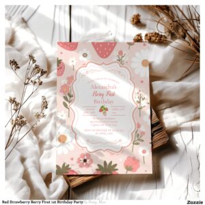 Red Strawberry Berry First 1st Birthday Party Invitation
