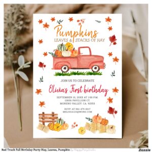 Red Truck Fall Birthday Party Hay, Leaves, Pumpkin Invitation