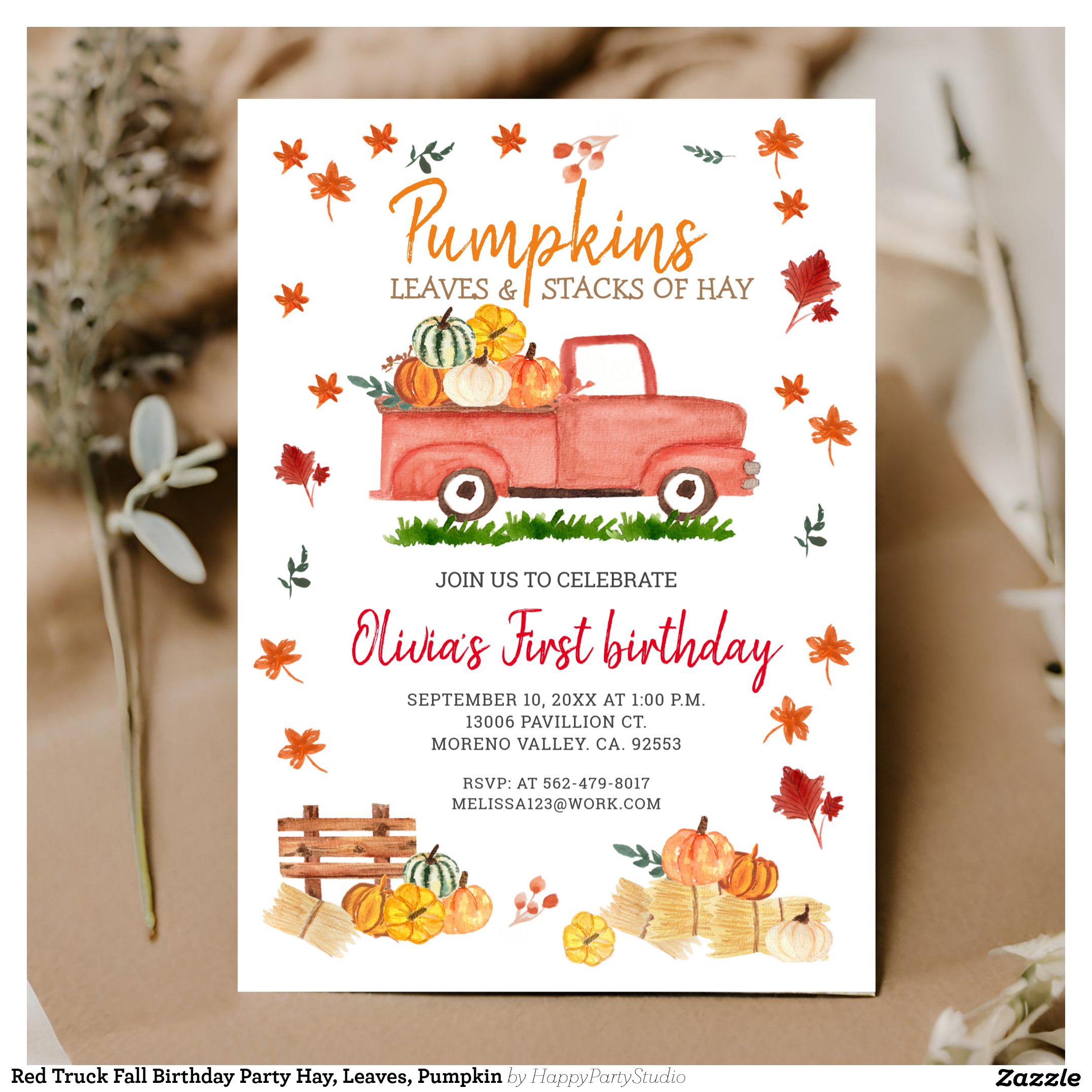 Red Truck Fall Birthday Party Hay, Leaves, Pumpkin Invitation