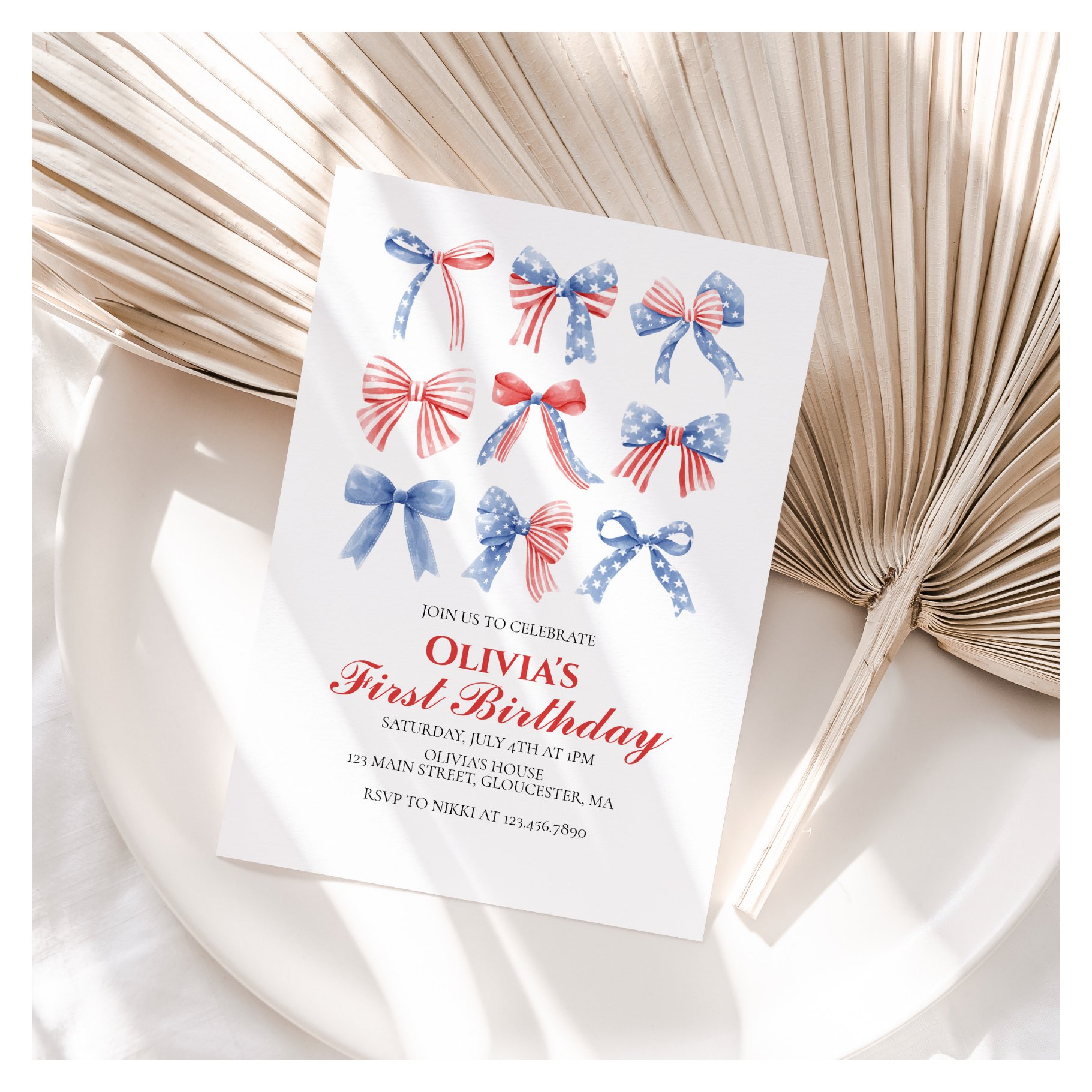 Red, White and Blue Bows fourth of July birthday Invitation