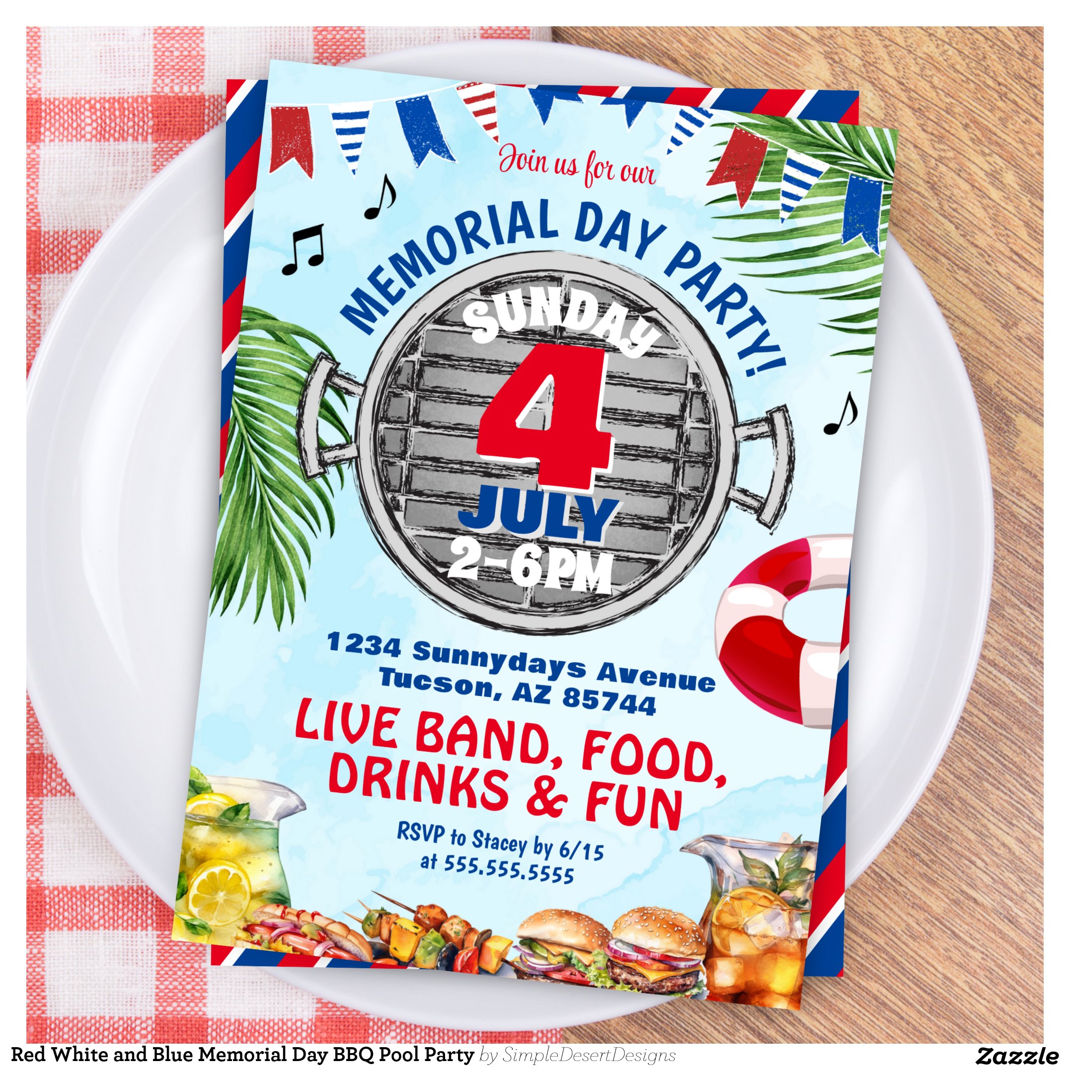 Red White and Blue Memorial Day BBQ Pool Party Invitation