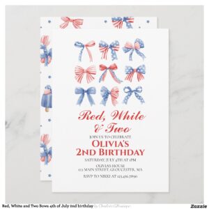 Red, White and Two Bows 4th of July 2nd birthday Invitation