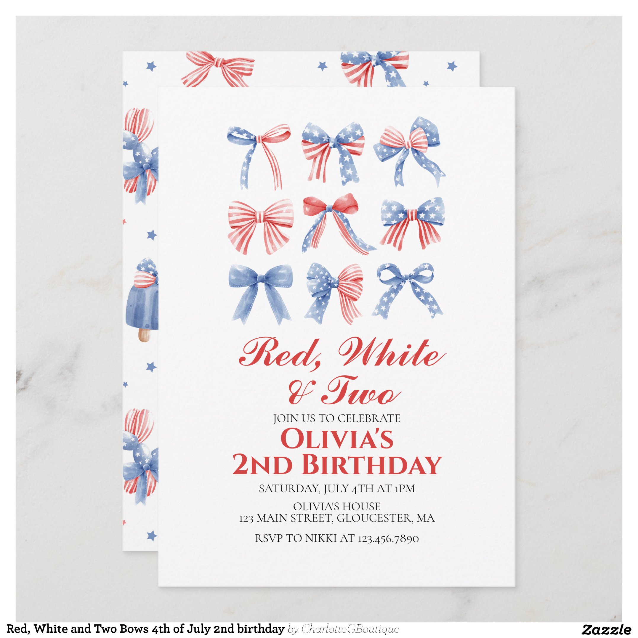 Red, White and Two Bows 4th of July 2nd birthday Invitation