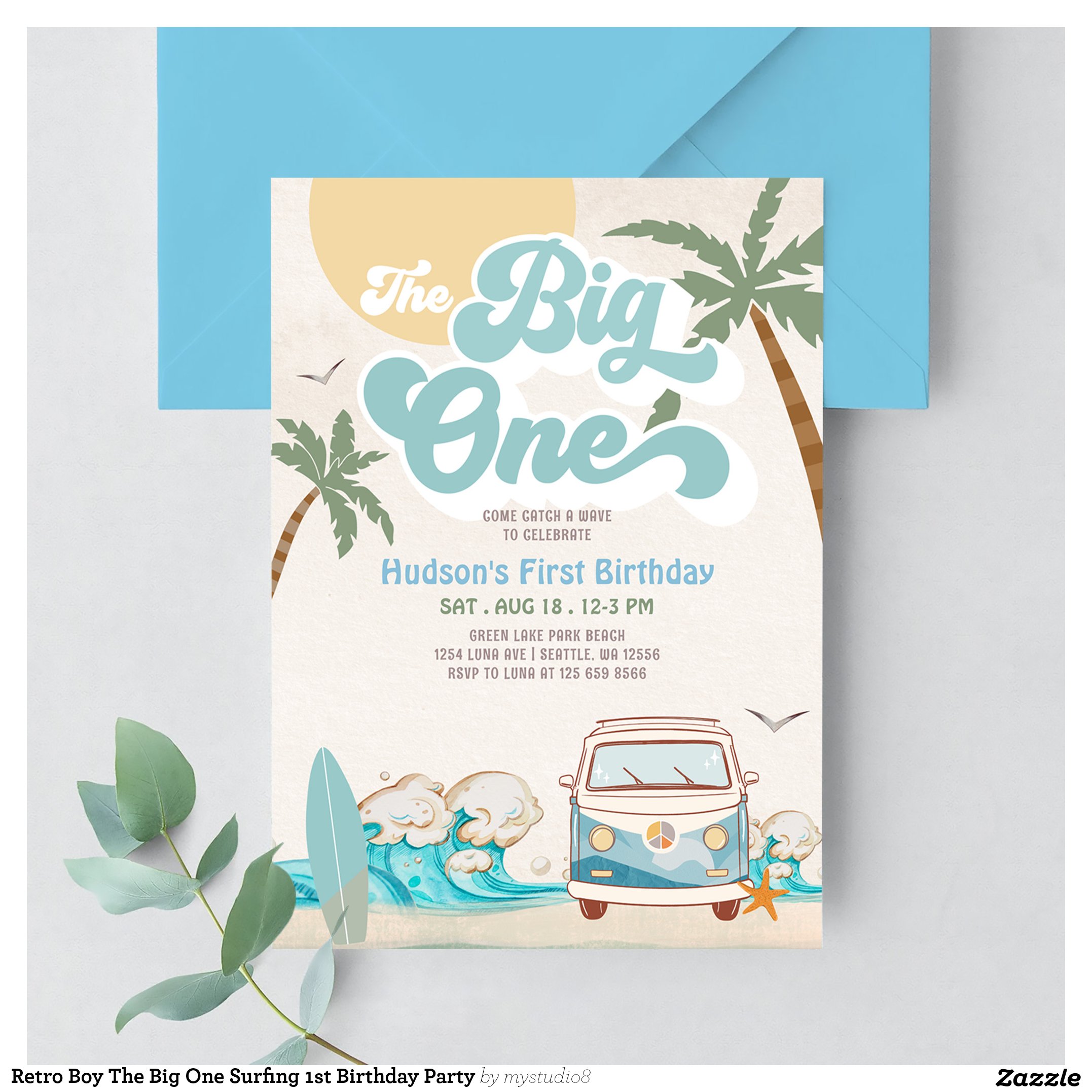 Retro Boy The Big One Surfing 1st Birthday Party Invitation