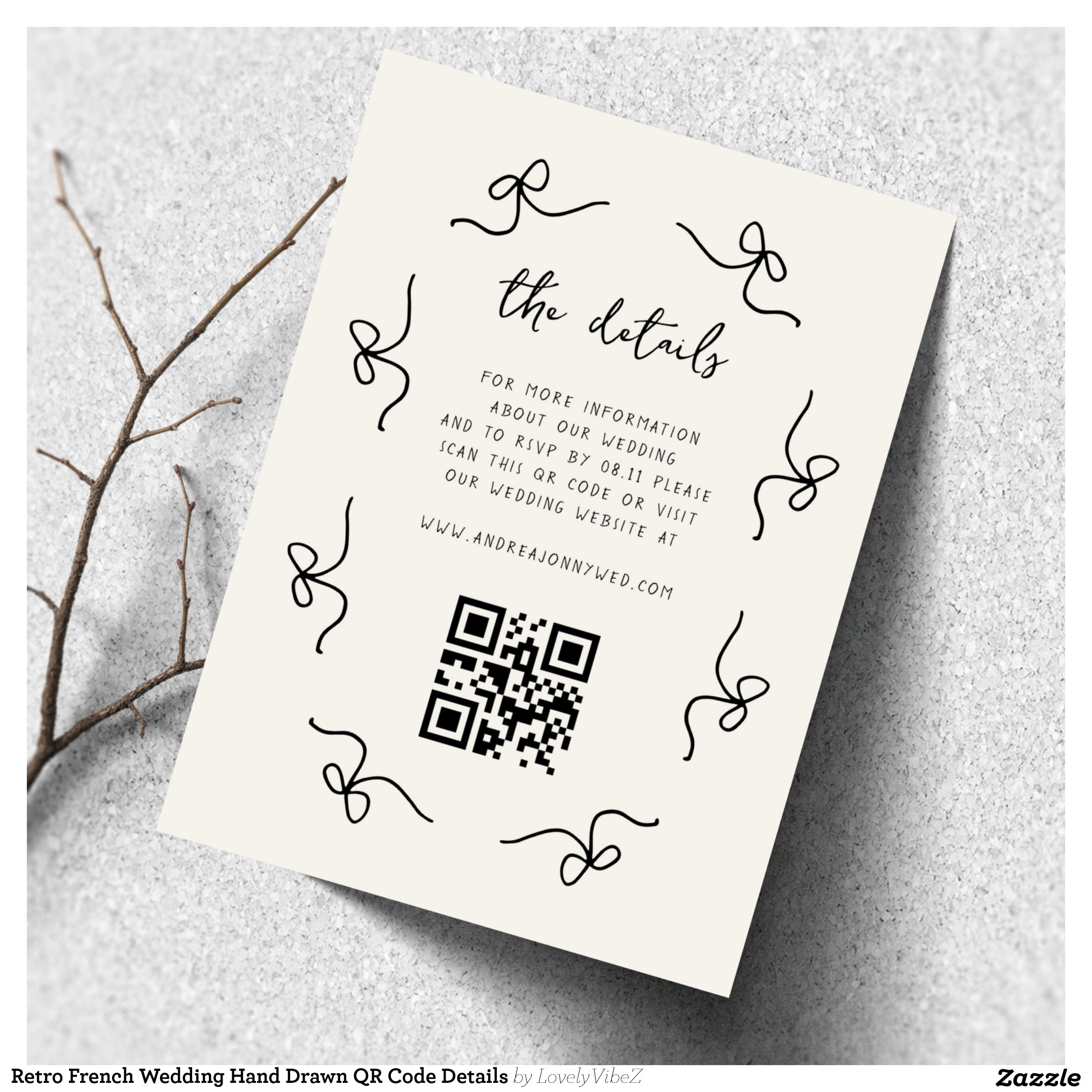 Retro French Wedding Hand Drawn QR Code Details Enclosure Card