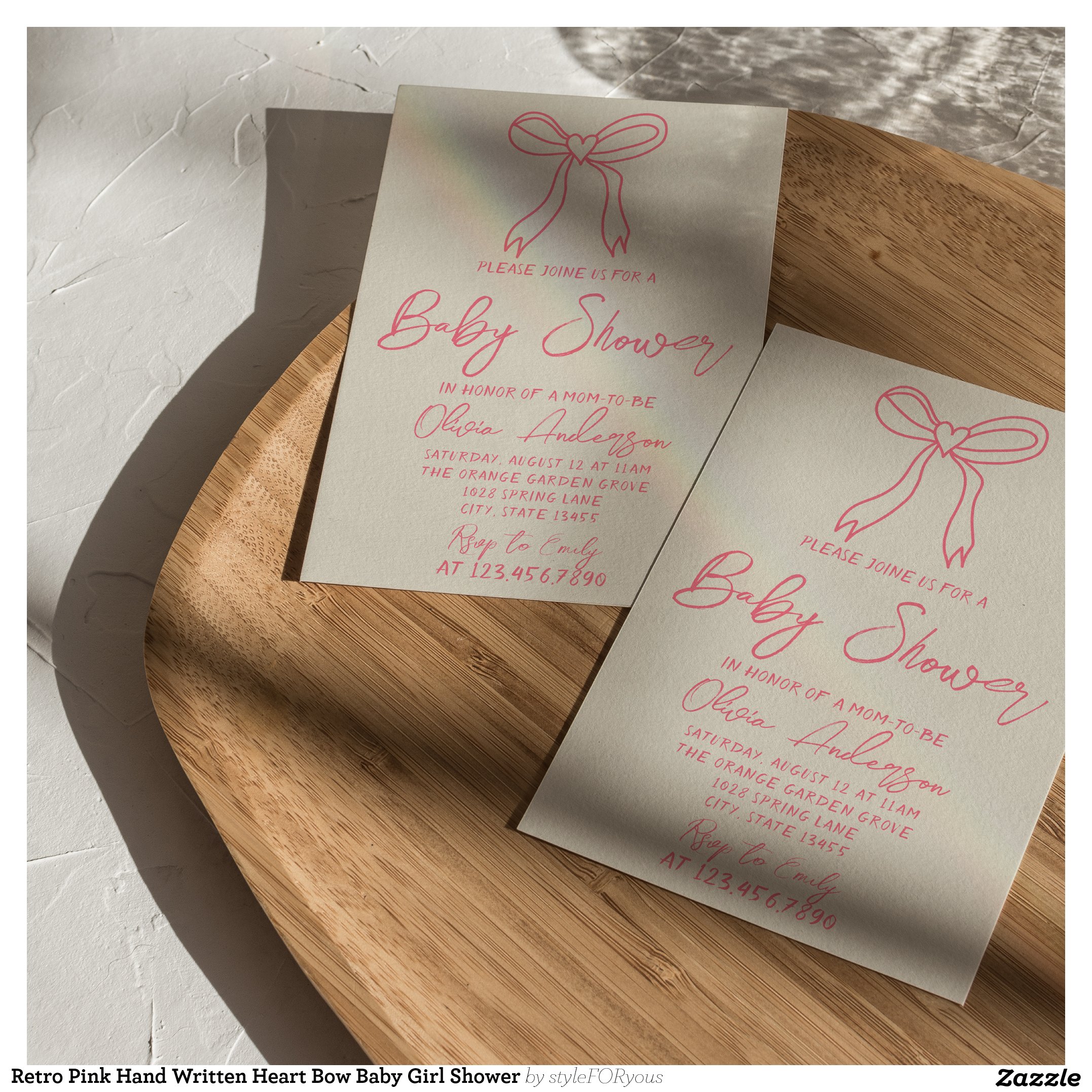 Retro Pink Hand Written Heart Bow Baby Girl Shower Invitation