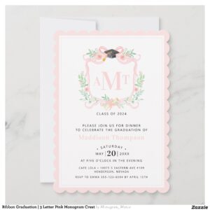 Ribbon Graduation 3 Letter Pink Monogram Crest Invitation