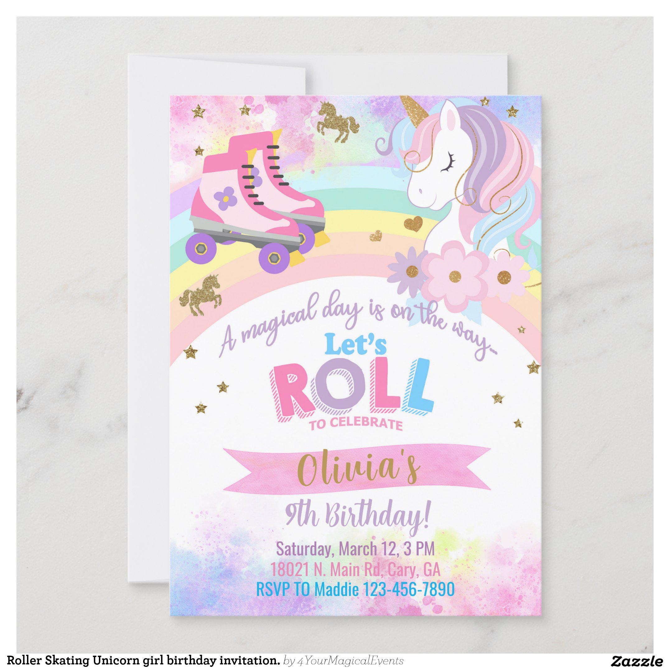 Roller Skating Unicorn girl birthday invitation. Invitation