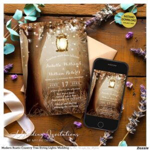 Romantic String Lights Rustic Wood Wedding Invitation