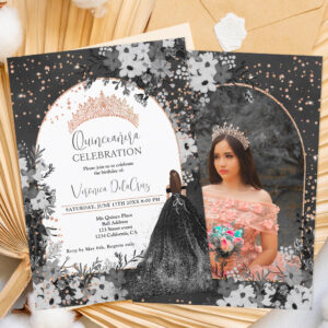 Rose gold black floral tiara princess Quinceanera Invitation