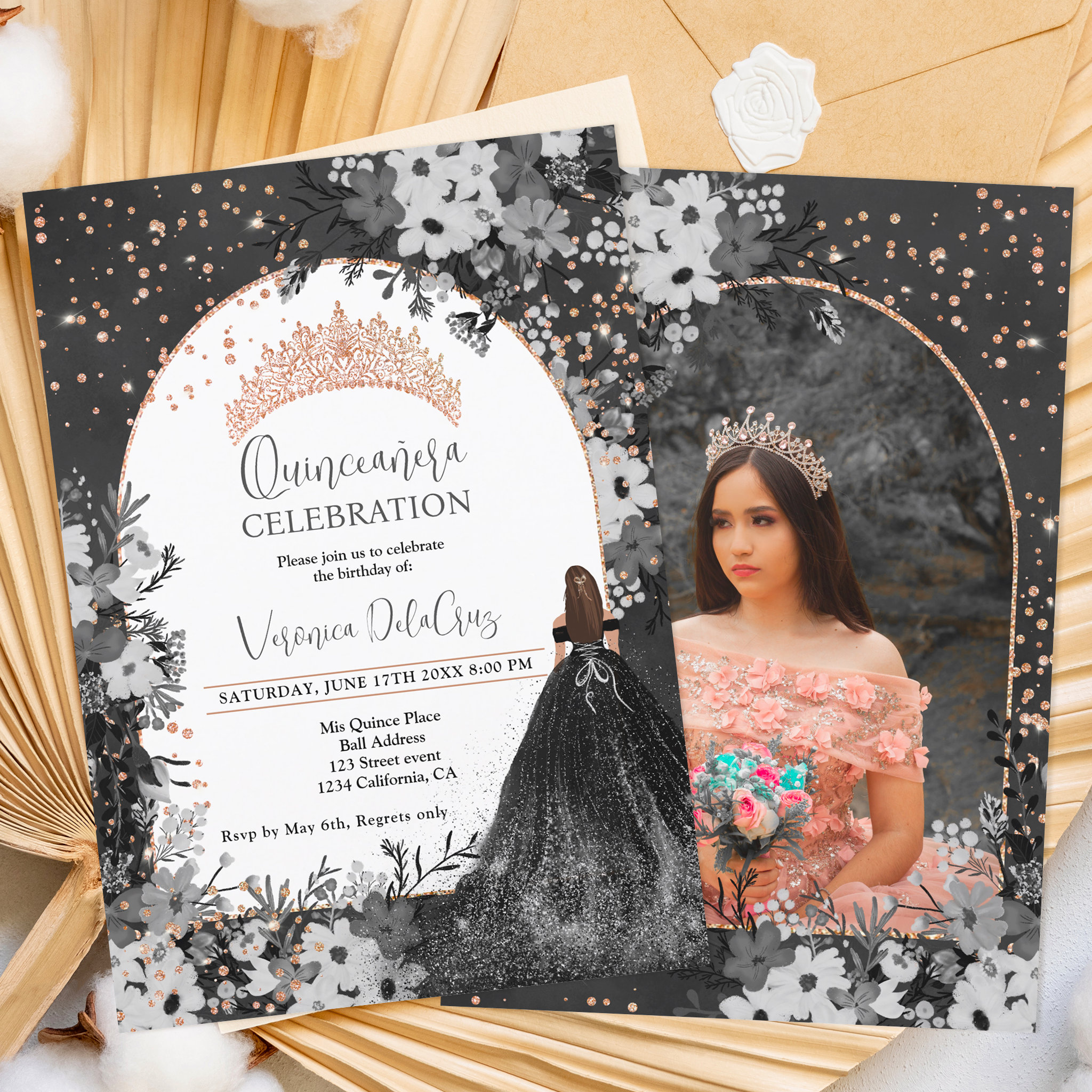 Rose gold black floral tiara princess Quinceanera Invitation