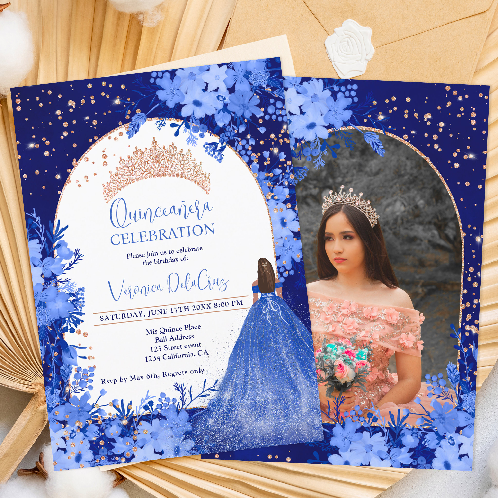 Rose gold blue floral tiara princess Quinceanera Invitation