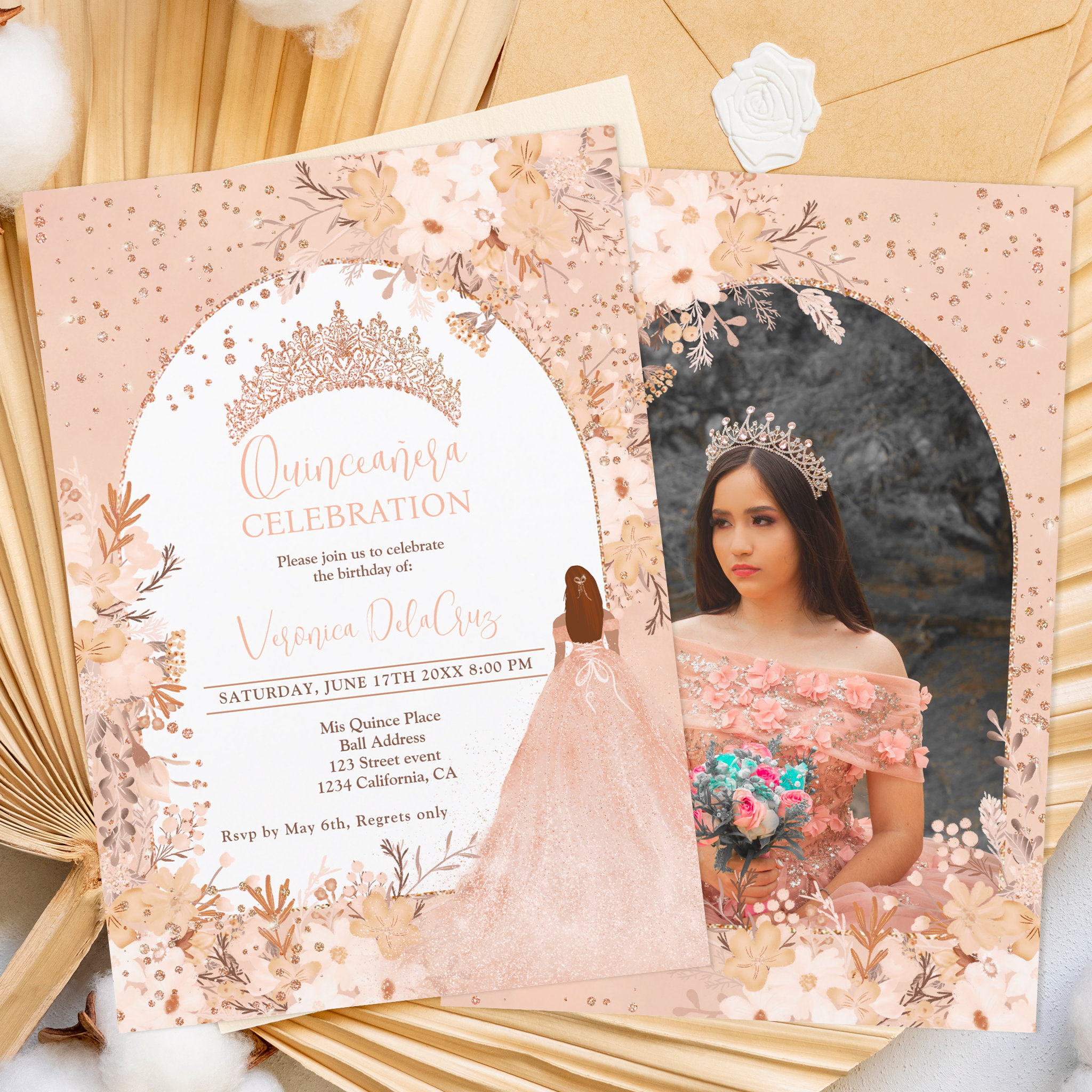 Rose gold blush floral tiara princess Quinceanera Invitation