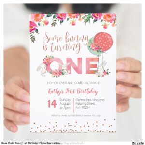 Rose Gold Bunny 1st Birthday Floral Invitation
