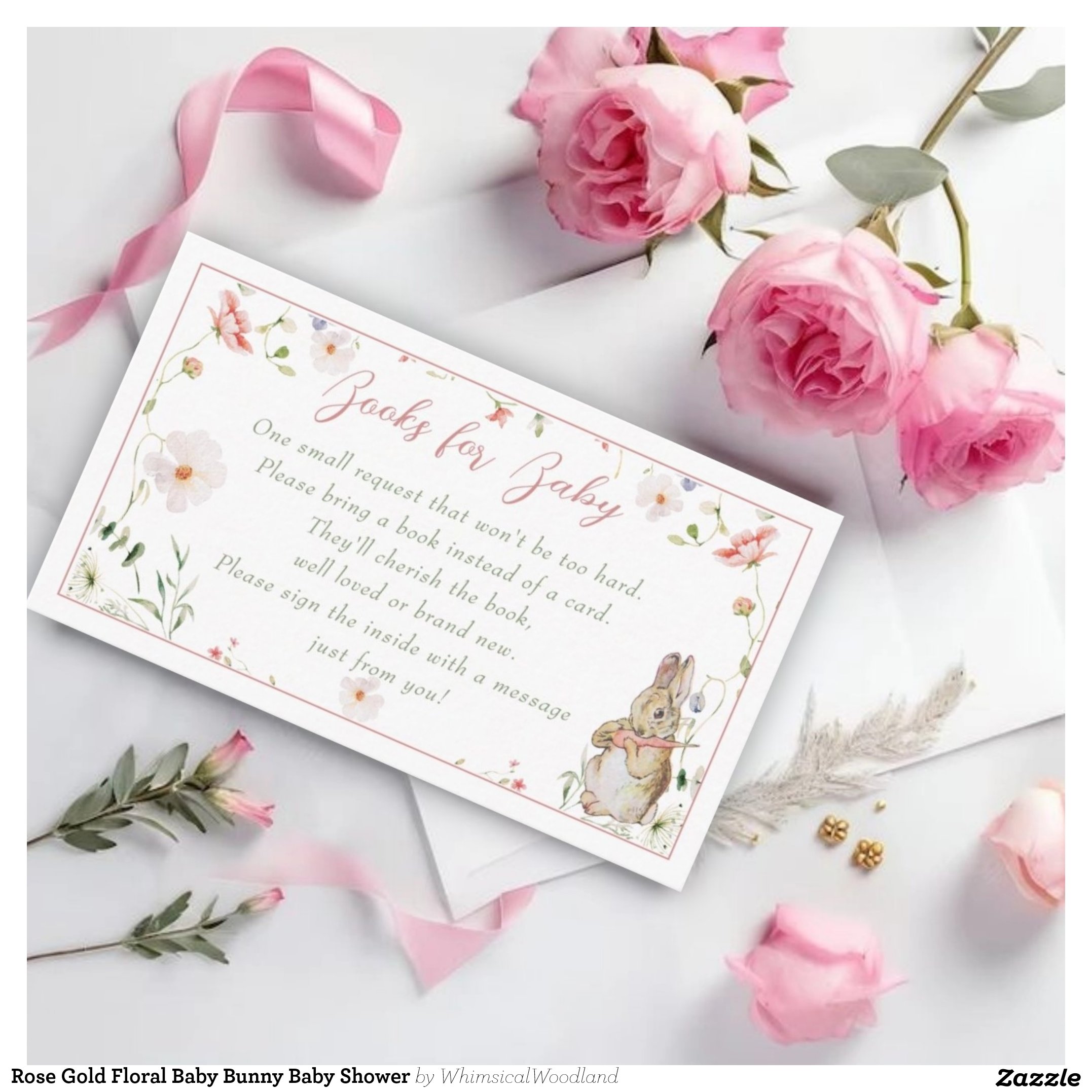 Rose Gold Floral Baby Bunny Baby Shower Enclosure Card
