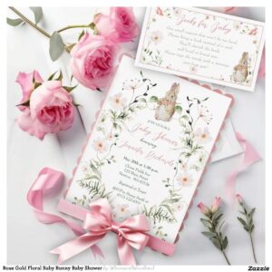Rose Gold Floral Baby Bunny Baby Shower Invitation